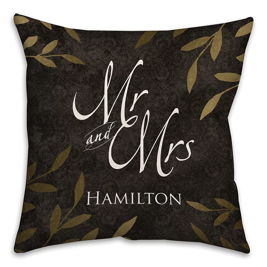 Mr. and Mrs. Gold Leaf Square Throw Pillow in Black