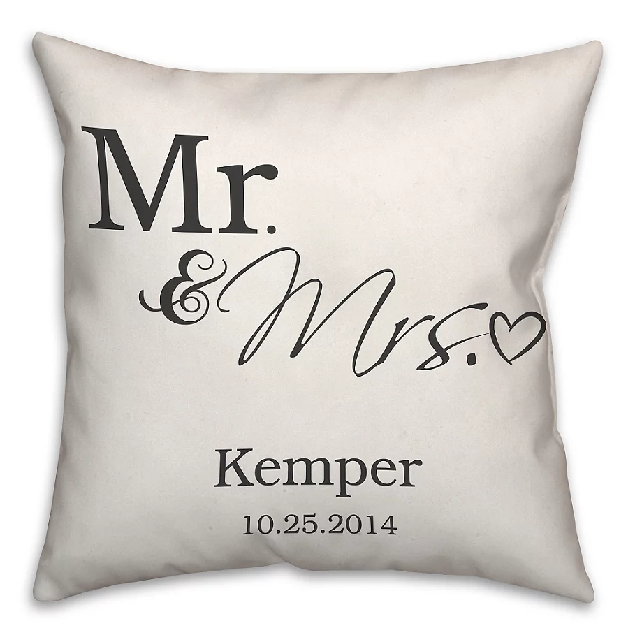  Mr. and Mrs. Scripted Heart Square Throw Pillow in White