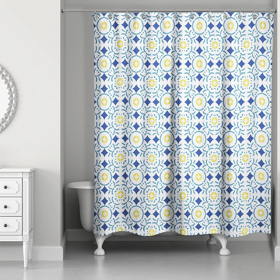  Designs Direct Vintage Tile Shower Curtain in Blue