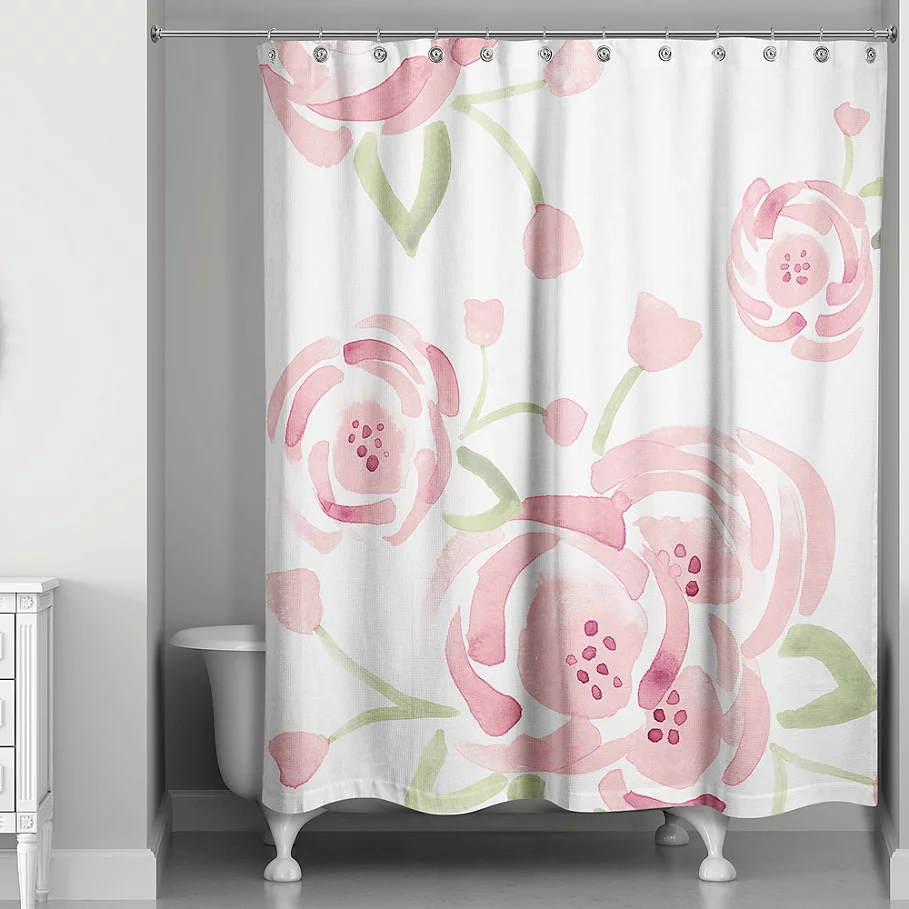 Designs Direct Spring Large Watercolor Roses 74-Inch Shower Curtain in PinkGreen