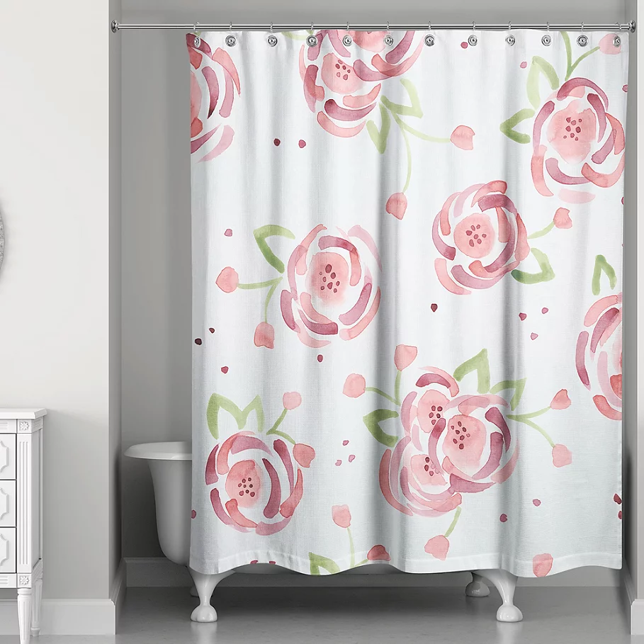 Designs Direct Spring Watercolor Roses 74-Inch Shower Curtain in PinkGreen