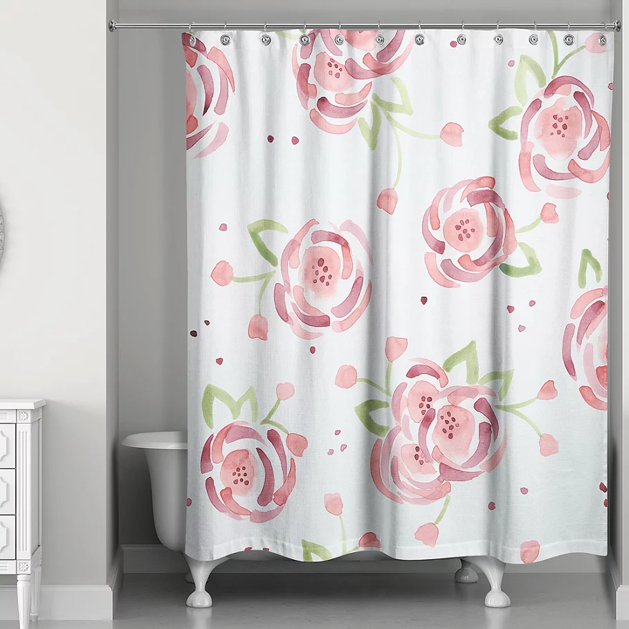  Designs Direct Spring Watercolor Roses 74-Inch Shower Curtain in PinkGreen