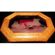 DesignsbyRivera Vintage Wooden Octagon Shaped Horse and Sled Etched on Glass Musical Jewelry Box with Red Velvet Interior