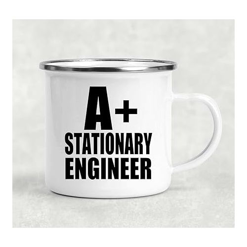  Gifts, A+ Stationary Engineer, 12oz Camping Mug Stainless Steel Enamel Tea-Cup with Handle, for Birthday Anniversary Valentines Day Mothers Fathers Day Party, to Men Women Him Her Friend