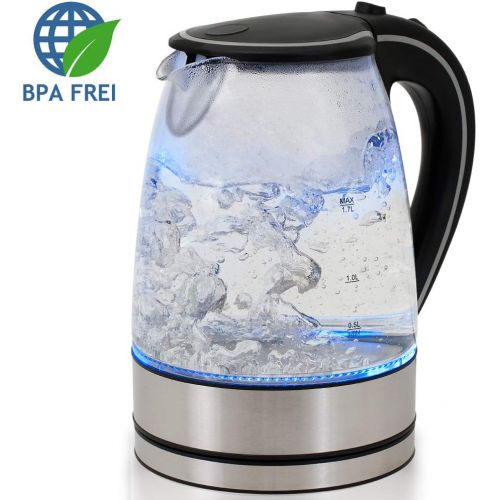  DEUBA Wasserkocher Teekocher Teekessel | 1,7L LED-Beleuchtung 2200W BPA frei Kalkfilter kabellos Glas Edelstahl