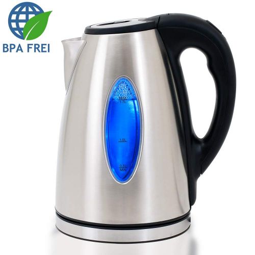  DEUBA Wasserkocher 1,7L Teekocher Edelstahl LED Kalkfilter 2200 Watt BPA frei UEberhitzungsschutz Trockenkochschutz 360° drehbarer Kontaktsockel kabellos