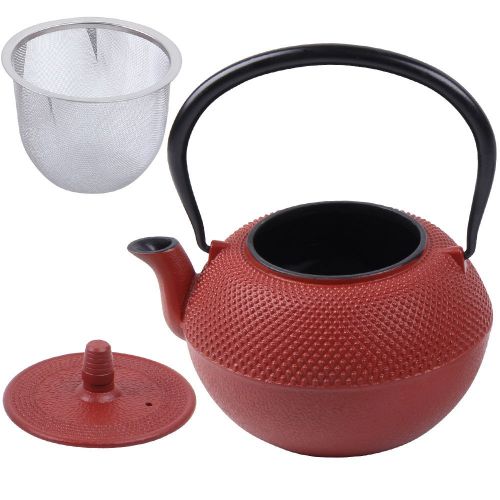  Deuba Teekessel Teekanne Gusseisen 1250 ml Rot Asiatische Teekanne  Japanischer Stil  inkl. Edelstahl Teesieb  mit praktischem Henkel