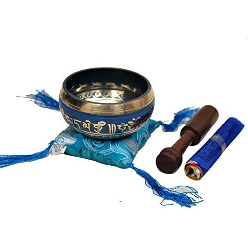  Tibetan Singing Bowl Set By Dharma Store - With Traditional Design Tibetan Buddhist Prayer Flag - Handmade in Nepal (Blue)명상종 싱잉볼