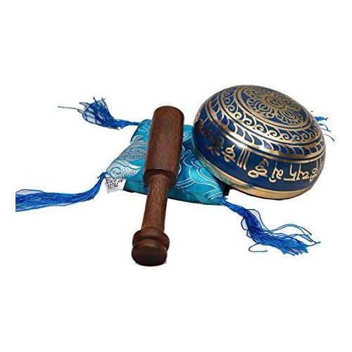  Tibetan Singing Bowl Set By Dharma Store - With Traditional Design Tibetan Buddhist Prayer Flag - Handmade in Nepal (Blue)명상종 싱잉볼