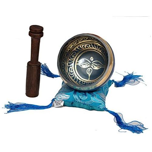  Tibetan Singing Bowl Set By Dharma Store - With Traditional Design Tibetan Buddhist Prayer Flag - Handmade in Nepal (Blue)명상종 싱잉볼