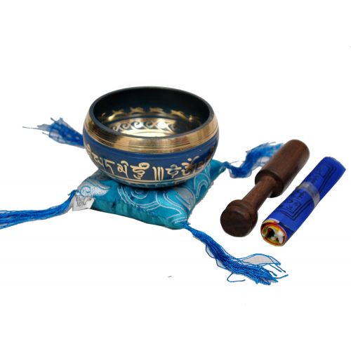  Tibetan Singing Bowl Set By Dharma Store - With Traditional Design Tibetan Buddhist Prayer Flag - Handmade in Nepal (Blue)명상종 싱잉볼