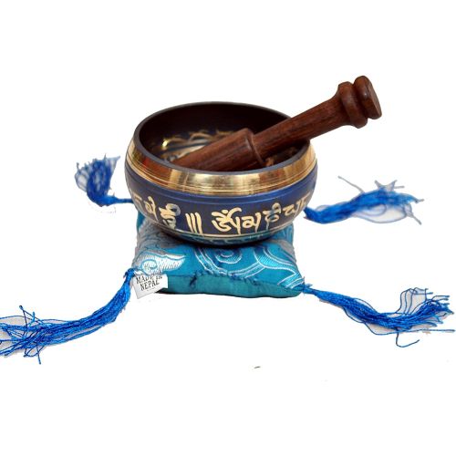  Tibetan Singing Bowl Set By Dharma Store - With Traditional Design Tibetan Buddhist Prayer Flag - Handmade in Nepal (Blue)명상종 싱잉볼