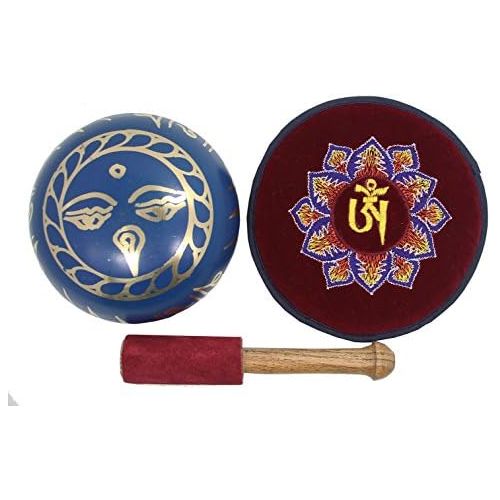  DharmaObjects Tibetan Yoga Meditation Om Mani Padme Hum Singing Bowl Mallet Cushion Box Gift Set (Navy Blue)명상종 싱잉볼