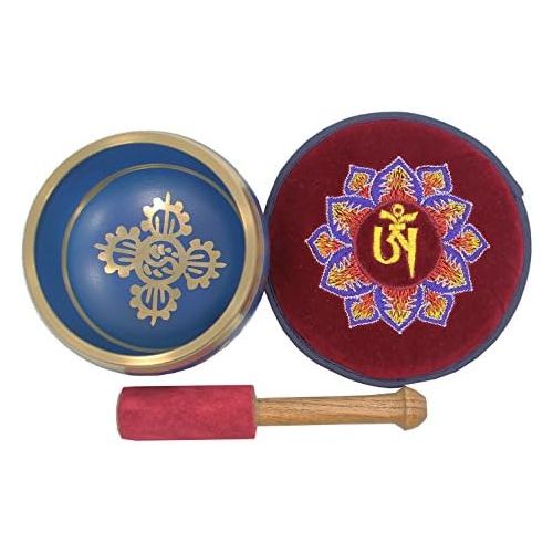  DharmaObjects Tibetan Yoga Meditation Om Mani Padme Hum Singing Bowl Mallet Cushion Box Gift Set (Navy Blue)명상종 싱잉볼