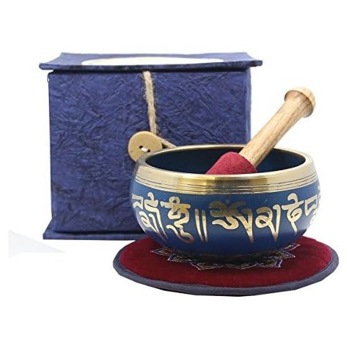  DharmaObjects Tibetan Yoga Meditation Om Mani Padme Hum Singing Bowl Mallet Cushion Box Gift Set (Navy Blue)명상종 싱잉볼