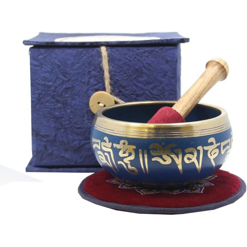  DharmaObjects Tibetan Yoga Meditation Om Mani Padme Hum Singing Bowl Mallet Cushion Box Gift Set (Navy Blue)명상종 싱잉볼