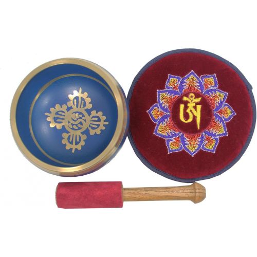  DharmaObjects Tibetan Yoga Meditation Om Mani Padme Hum Singing Bowl Mallet Cushion Box Gift Set (Navy Blue)명상종 싱잉볼