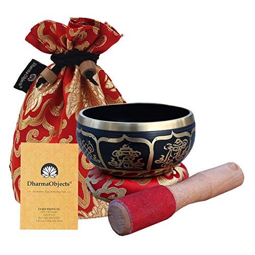  DharmaObjects ~ Tibetan OM MANI Singing Bowl Set ~ With Mallet, Brocade Cushion & Carry Bag ~ For Meditation, Chakra Healing, Prayer, Yoga명상종 싱잉볼