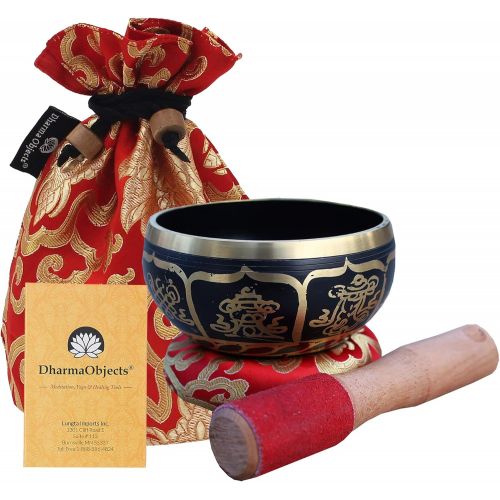  DharmaObjects ~ Tibetan OM MANI Singing Bowl Set ~ With Mallet, Brocade Cushion & Carry Bag ~ For Meditation, Chakra Healing, Prayer, Yoga명상종 싱잉볼