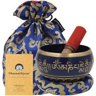 DharmaObjects Large ~ Tibetan OM MANI Singing Bowl Set ~ With Mallet, Brocade Cushion & Carry Bag ~ For Meditation, Chakra Healing, Prayer, Yoga (Black)명상종 싱잉볼