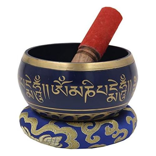  DharmaObjects Large ~ Tibetan OM MANI Singing Bowl Set ~ With Mallet, Brocade Cushion & Carry Bag ~ For Meditation, Chakra Healing, Prayer, Yoga (Black)명상종 싱잉볼