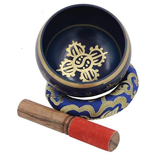  DharmaObjects Large ~ Tibetan OM MANI Singing Bowl Set ~ With Mallet, Brocade Cushion & Carry Bag ~ For Meditation, Chakra Healing, Prayer, Yoga (Black)명상종 싱잉볼