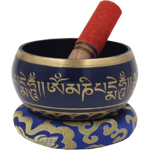  DharmaObjects Large ~ Tibetan OM MANI Singing Bowl Set ~ With Mallet, Brocade Cushion & Carry Bag ~ For Meditation, Chakra Healing, Prayer, Yoga (Black)명상종 싱잉볼