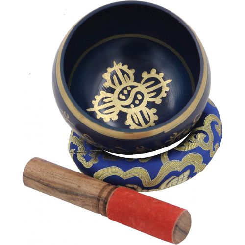  DharmaObjects Large ~ Tibetan OM MANI Singing Bowl Set ~ With Mallet, Brocade Cushion & Carry Bag ~ For Meditation, Chakra Healing, Prayer, Yoga (Black)명상종 싱잉볼