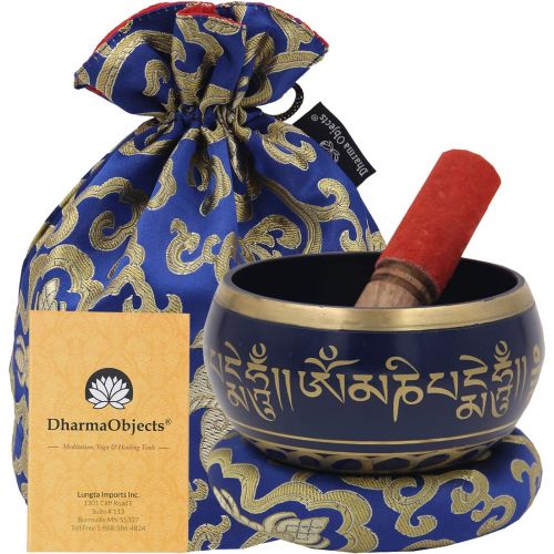  DharmaObjects Large ~ Tibetan OM MANI Singing Bowl Set ~ With Mallet, Brocade Cushion & Carry Bag ~ For Meditation, Chakra Healing, Prayer, Yoga (Black)명상종 싱잉볼