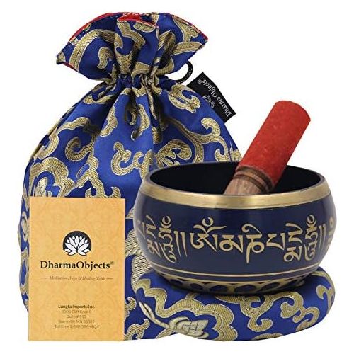  DharmaObjects Large ~ Tibetan OM MANI Singing Bowl Set ~ With Mallet, Brocade Cushion & Carry Bag ~ For Meditation, Chakra Healing, Prayer, Yoga (Blue)명상종 싱잉볼