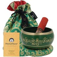 DharmaObjects Large ~ Tibetan OM MANI Singing Bowl Set ~ With Mallet, Brocade Cushion & Carry Bag ~ For Meditation, Chakra Healing, Prayer, Yoga (Green)명상종 싱잉볼