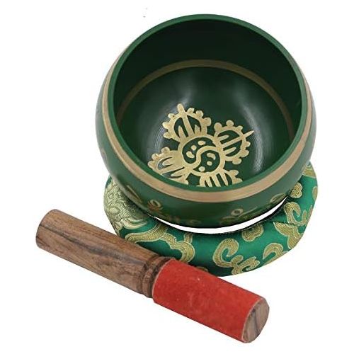  DharmaObjects Large ~ Tibetan OM MANI Singing Bowl Set ~ With Mallet, Brocade Cushion & Carry Bag ~ For Meditation, Chakra Healing, Prayer, Yoga (Green)명상종 싱잉볼