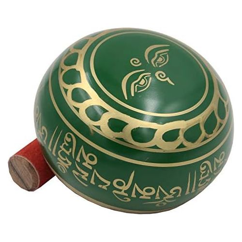  DharmaObjects Large ~ Tibetan OM MANI Singing Bowl Set ~ With Mallet, Brocade Cushion & Carry Bag ~ For Meditation, Chakra Healing, Prayer, Yoga (Green)명상종 싱잉볼