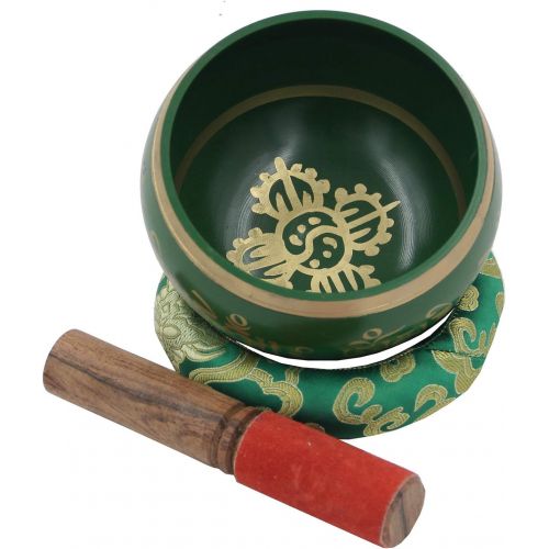  DharmaObjects Large ~ Tibetan OM MANI Singing Bowl Set ~ With Mallet, Brocade Cushion & Carry Bag ~ For Meditation, Chakra Healing, Prayer, Yoga (Green)명상종 싱잉볼