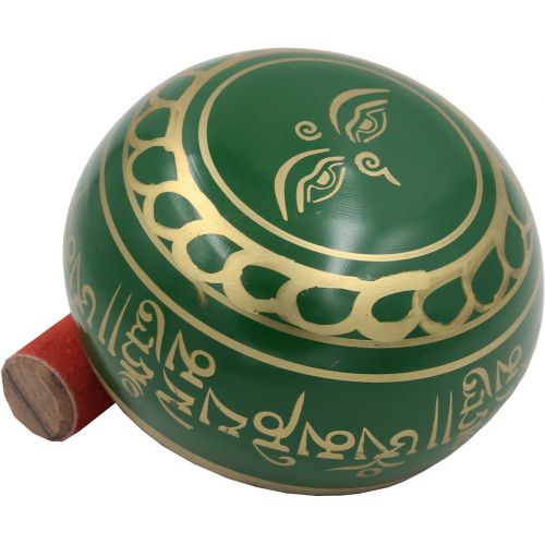  DharmaObjects Large ~ Tibetan OM MANI Singing Bowl Set ~ With Mallet, Brocade Cushion & Carry Bag ~ For Meditation, Chakra Healing, Prayer, Yoga (Green)명상종 싱잉볼