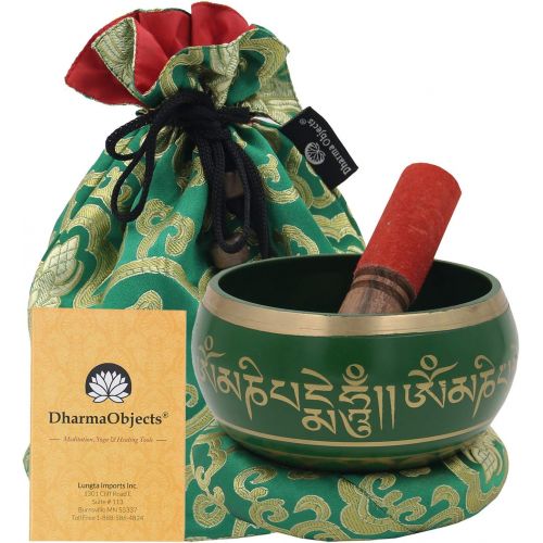  DharmaObjects Large ~ Tibetan OM MANI Singing Bowl Set ~ With Mallet, Brocade Cushion & Carry Bag ~ For Meditation, Chakra Healing, Prayer, Yoga (Green)명상종 싱잉볼