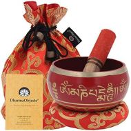 DharmaObjects Large ~ Tibetan OM MANI Singing Bowl Set ~ With Mallet, Brocade Cushion & Carry Bag ~ For Meditation, Chakra Healing, Prayer, Yoga (Red)명상종 싱잉볼