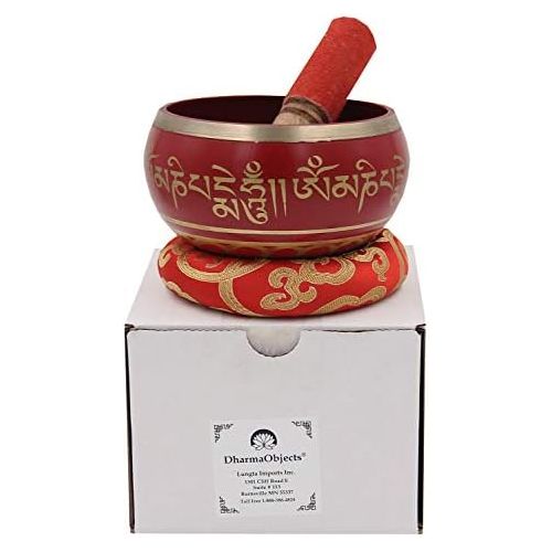  DharmaObjects Large ~ Tibetan OM MANI Singing Bowl Set ~ With Mallet, Brocade Cushion & Carry Bag ~ For Meditation, Chakra Healing, Prayer, Yoga (Red)명상종 싱잉볼