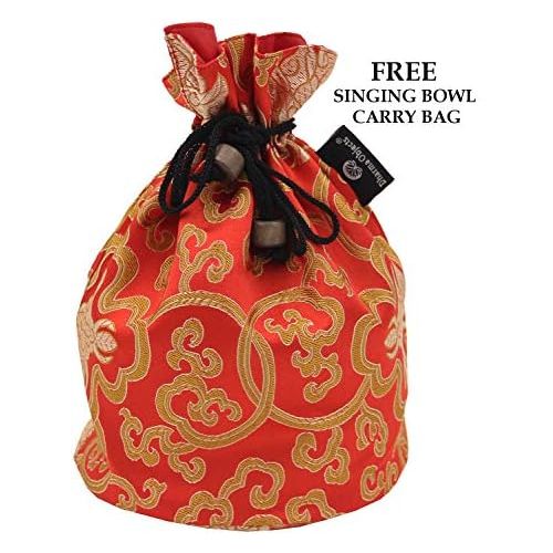  DharmaObjects Large ~ Tibetan OM MANI Singing Bowl Set ~ With Mallet, Brocade Cushion & Carry Bag ~ For Meditation, Chakra Healing, Prayer, Yoga (Red)명상종 싱잉볼