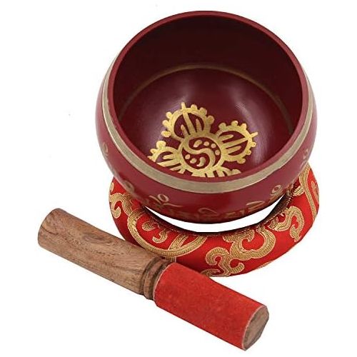  DharmaObjects Large ~ Tibetan OM MANI Singing Bowl Set ~ With Mallet, Brocade Cushion & Carry Bag ~ For Meditation, Chakra Healing, Prayer, Yoga (Red)명상종 싱잉볼