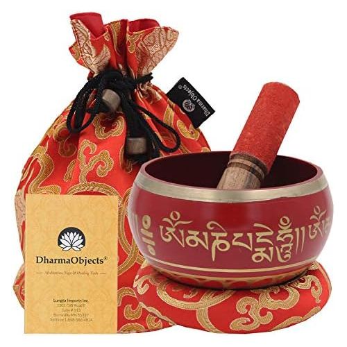  DharmaObjects Large ~ Tibetan OM MANI Singing Bowl Set ~ With Mallet, Brocade Cushion & Carry Bag ~ For Meditation, Chakra Healing, Prayer, Yoga (Red)명상종 싱잉볼