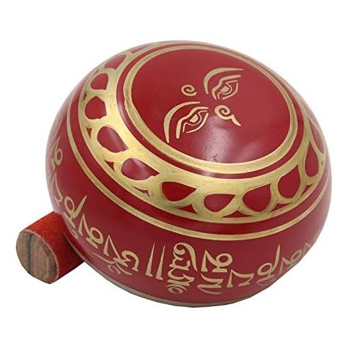  DharmaObjects Large ~ Tibetan OM MANI Singing Bowl Set ~ With Mallet, Brocade Cushion & Carry Bag ~ For Meditation, Chakra Healing, Prayer, Yoga (Red)명상종 싱잉볼