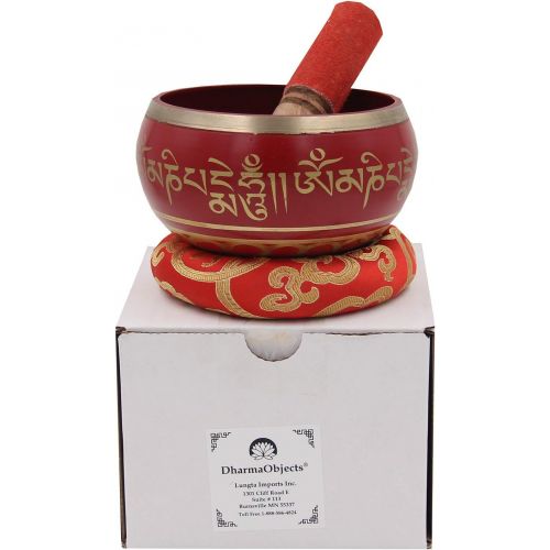  DharmaObjects Large ~ Tibetan OM MANI Singing Bowl Set ~ With Mallet, Brocade Cushion & Carry Bag ~ For Meditation, Chakra Healing, Prayer, Yoga (Red)명상종 싱잉볼