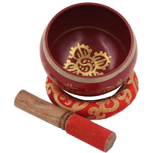  DharmaObjects Large ~ Tibetan OM MANI Singing Bowl Set ~ With Mallet, Brocade Cushion & Carry Bag ~ For Meditation, Chakra Healing, Prayer, Yoga (Red)명상종 싱잉볼