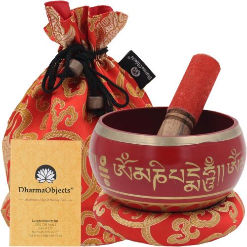  DharmaObjects Large ~ Tibetan OM MANI Singing Bowl Set ~ With Mallet, Brocade Cushion & Carry Bag ~ For Meditation, Chakra Healing, Prayer, Yoga (Red)명상종 싱잉볼