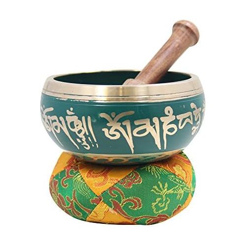  DharmaObjects Tibetan Meditation Om Mani Singing Bowl/Cushion/Mallet (Green)명상종 싱잉볼