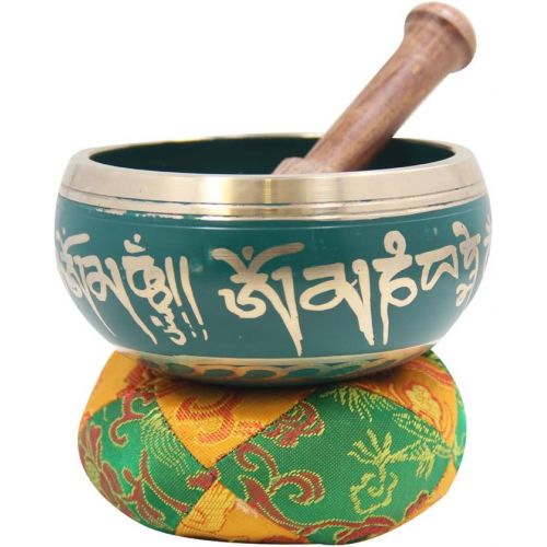  DharmaObjects Tibetan Meditation Om Mani Singing Bowl/Cushion/Mallet (Green)명상종 싱잉볼