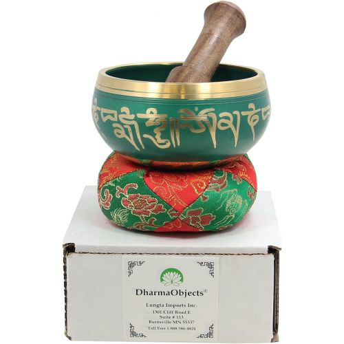  DharmaObjects Tibetan Meditation Om Mani Singing Bowl/Cushion/Mallet (Green)명상종 싱잉볼