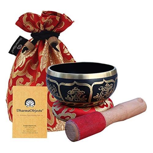  DharmaObjects ~ Tibetan OM MANI Singing Bowl Set ~ With Mallet, Brocade Cushion & Carry Bag ~ For Meditation, Chakra Healing, Prayer, Yoga명상종 싱잉볼