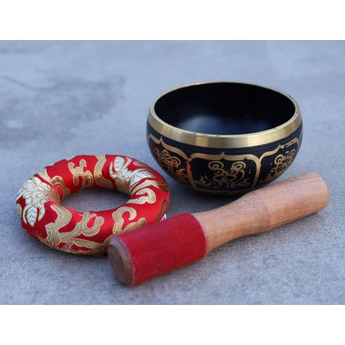  DharmaObjects ~ Tibetan OM MANI Singing Bowl Set ~ With Mallet, Brocade Cushion & Carry Bag ~ For Meditation, Chakra Healing, Prayer, Yoga명상종 싱잉볼